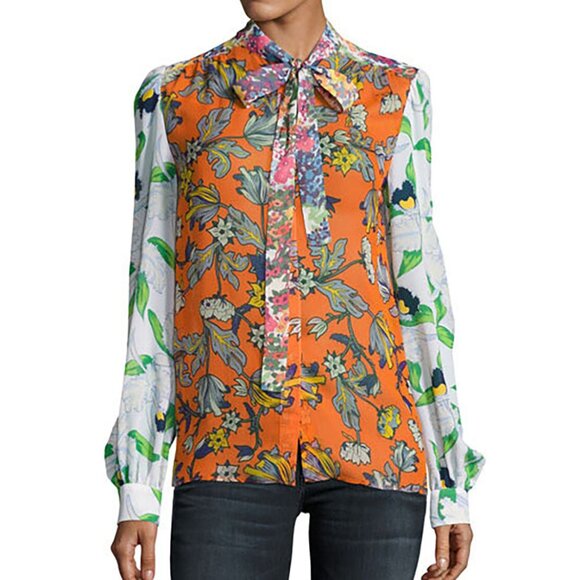 Tory Burch Kia Orange Garden Print Silk Shirt Top Green Floral Tie Neck 8 - Picture 1 of 15